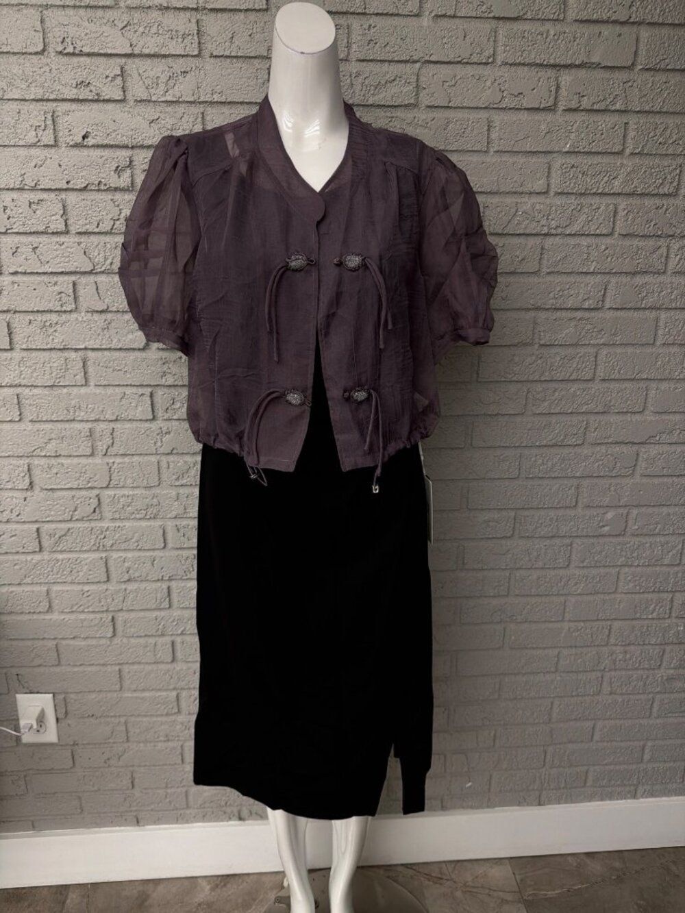 Geli Women's Black Ruched Dress & Purple Sheer Puff Sleeve Jacket Set Size S